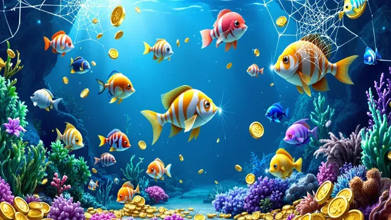 Adegan target ikan dan meriam pada permainan arcade bawah laut